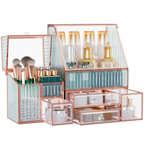 Youdepot Organisateur de Maquillage en Verre Trempé pour Comptoir - Organisateur Cosmétique Multifonctionnel 3-en-1 pour Soins de la Peau, Rouge à Lèvres, Pinceaux - Organisateur de Meuble-Lavabo & Salle de Bain