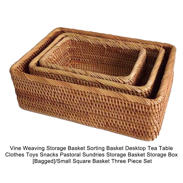 Wood Handmade Storage Box With Storage Basket Organizer Box Rattan Traditional Rattan For Easy Organizer Box Storage Small square basket three-piece