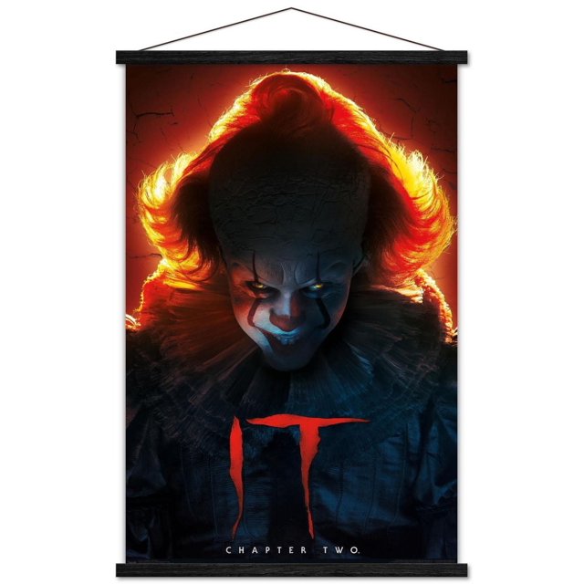IT: Chapter 2 - Evil Glow Wall Poster, 22.375" x 34" depicting a dark figure with fiery red backlit hair and cracked texture on the head, wearing a dark ruffled collar costume against an orange cracked background, featuring the red 'IT' title and 'Chapter Two' text below, suitable for horror-themed wall art decor.