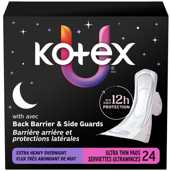 Kotex Ultra Thin Overnight Pads with Wings, Extra Heavy Absorbency, 24 Count