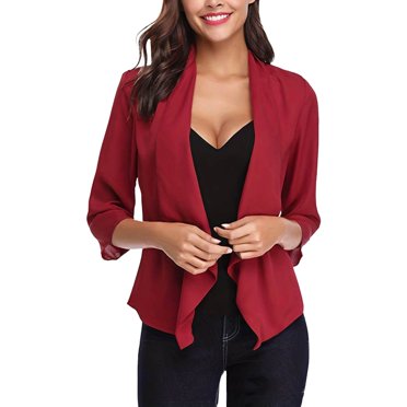 Baberdicy Cardigan en Tricot Cardigan pour Femme Cardigan Uni Cardigan à Manches 3/4 Cardigan en Mousseline à Volants Cardigan Court Rouge