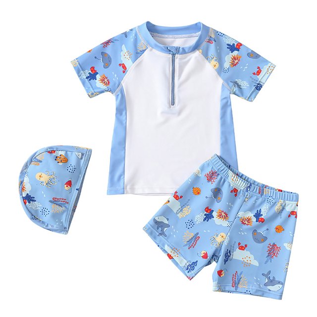 Hiiyo Boys Swimwear Set Cartoon Print Rash Guard Shorts Swim Cap 3-Piece Swimsuit