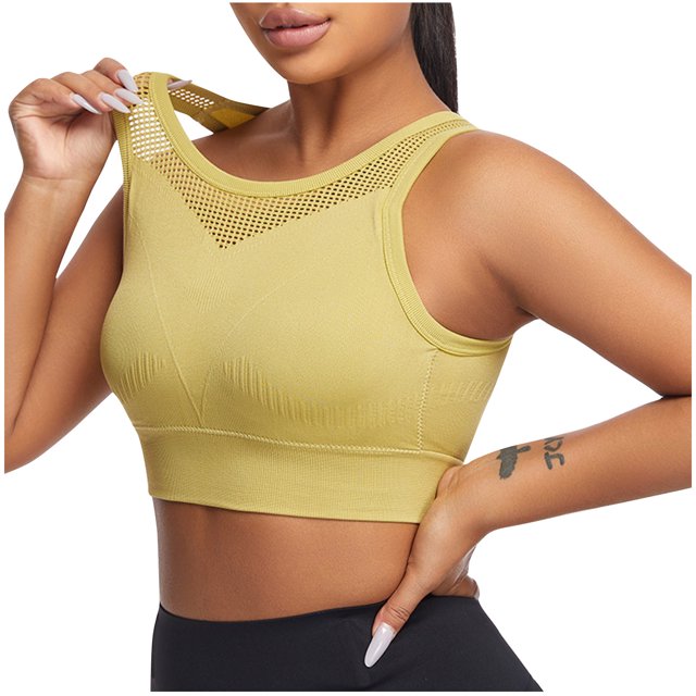 Virmaxy Womens Racerback Sports Bra Hollow Back Gathering Yoga Fixed Chest Cushion Style Steel Ring Gathering Sports Bra Yellow M