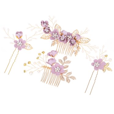 Ensemble de 4 Peignes de Mariage Faits à la Main, Accessoires de Cheveux Floraux avec Strass (Violet)