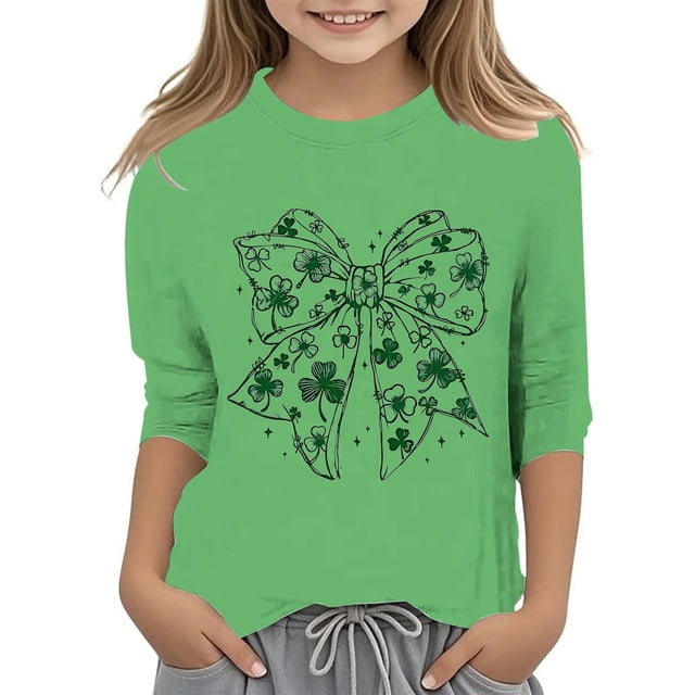 LUOGENLI T-Shirt pour Filles T-Shirt Graphique pour Filles Fête de la Saint-Patrick à la Mode Polyvalent Col Rond Manches 3/4 T-Shirt Décontracté Haut Chemises en Lin pour Filles Longueur Midi Vert 9-10 Ans
