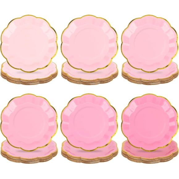 24 Pcs Pink Scalloped Party Plates - 7 Inch Gradient Pink Dessert Paper Plates with Gold Foil Disposable Cake Plate Decorative Dinner Serving Plate for Baby Shower Wedding Bridal Shower Tea Party