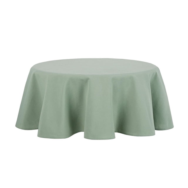 Mainstays Yale Tablecloth in green, shown in a centered front view with a round shape and smooth cotton/polyester fabric draping evenly, designed for dining tables, machine washable for easy care, suitable for everyday meals and coordinating table linens.