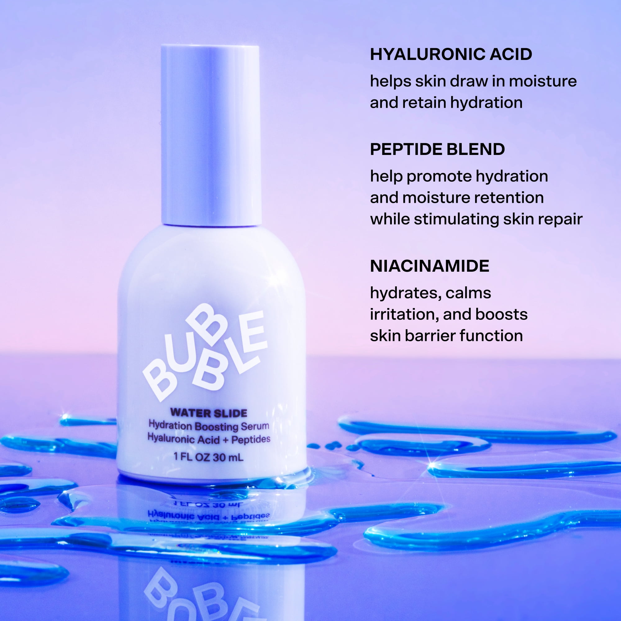 Bubble Skincare Water Slide Hydration Boosting Serum, Hyaluronic Acid + Peptides, 1 fl oz / 30ml