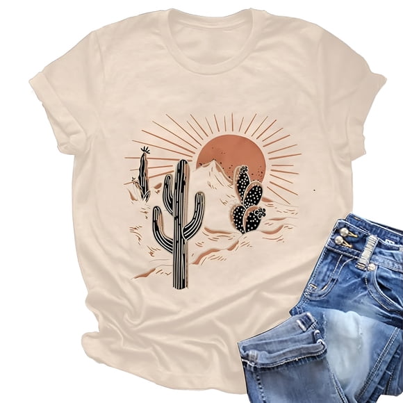 Ladies Fashion Casual Cactus Print Round Neck Short Sleeve T Shirt Top Tan Raglan Shirt Women Spandex T Shirt Women Casual V Neck Women Short Sleeve Tee Shirt Women Short Sleeve T Shirt under Shirts