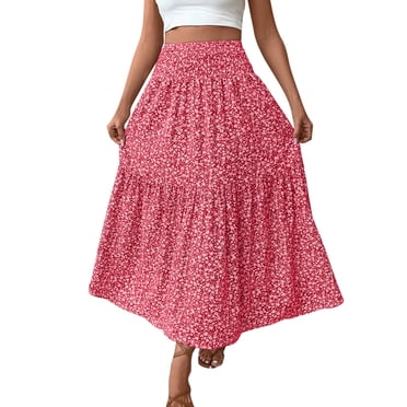 fheaev Flowy Boho Maxi Skirt for Women Trendy High Waist Elastic A Line Pleated Ruffle Tiered Summer Casual Beach Long Skirts