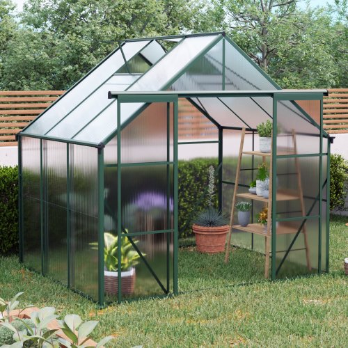 Serre en Polycarbonate 8x6ft-Verte à Double Porte avec Base Surélevée et Ancrage, Aluminium Robuste, Serre de Marche pour Extérieur et Cour Arrière pour Toutes les Saisons