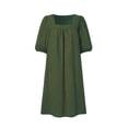 thumbnail image 4 of Mrat Robe Femme en Coton et Lin Vêtements Décontractés Couleur Unie Encolure Carrée Manche Mi-Longue Robe Ample Courte P-42 Vert G, 4 of 4