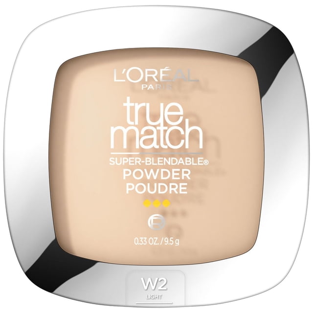 L'Oréal Paris True Match Powder, 9.5 g, displayed in a square compact with a reflective silver frame and transparent lid revealing light ivory (W2) powder, triple milled for smooth, fine particles, vitamin-rich and oil-free, providing sheer to medium coverage and designed to complement foundation and concealer.
