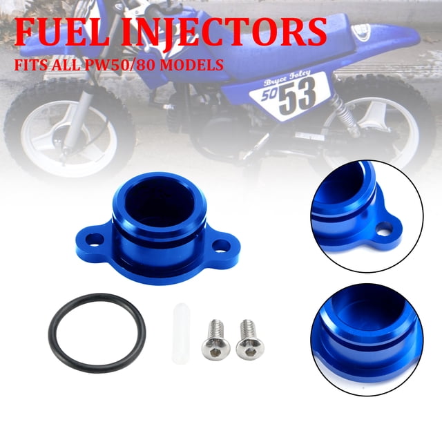 Oil Injection Pump Delete Block Off Plug for Yamaha PW50 and PW80 in blue, shown with included components such as an O-ring, two screws, and a vacuum plug. Made from precision-machined 6061 billet aluminum with a Type II anodized hard coating. Designed to replace the factory oil injection system for improved reliability and performance. Fits all PW50 and PW80 models.