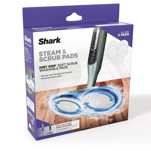 Shark XKITP7000C Steam & Scrub Dirt Grip Soft Scrub washable pads box showing four white textured microfiber pads designed for gentle scrubbing and effective removal of tough stains and grime on all sealed hard floors, compatible with Shark Steam & Scrub mops and reusable up to 20 washes.