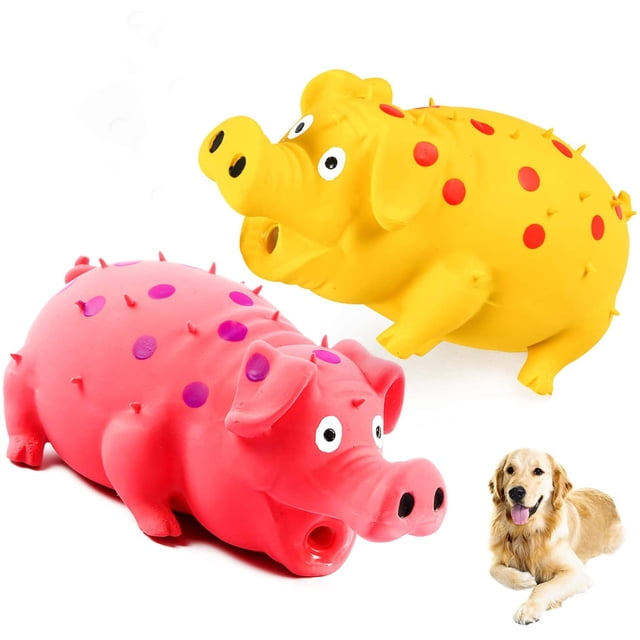 Squeaky Pig Dog Toys by YUNDAP, featuring a red and yellow latex pig design with spiked textures and polka dots. These interactive dog toys produce a soft grunting sound when squeezed, ideal for small, medium, and large dogs. Made from safe, non-toxic materials, they are designed for toss and catch games and IQ training. A golden retriever is shown nearby, emphasizing the toy's appeal for dogs.