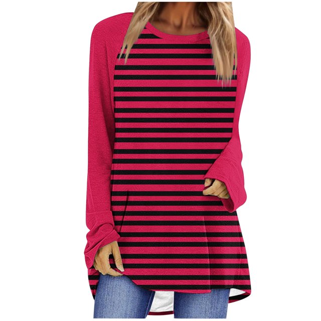 T-shirts Graphiques pour Femmes Femmes Chandail à Rayures Surdimensionné Manches Raglan Longues Col Rond Chandails à Enfiler 2024 Automne Chandail à Enfiler Tunique Ample Hauts S-109 Bourgogne P