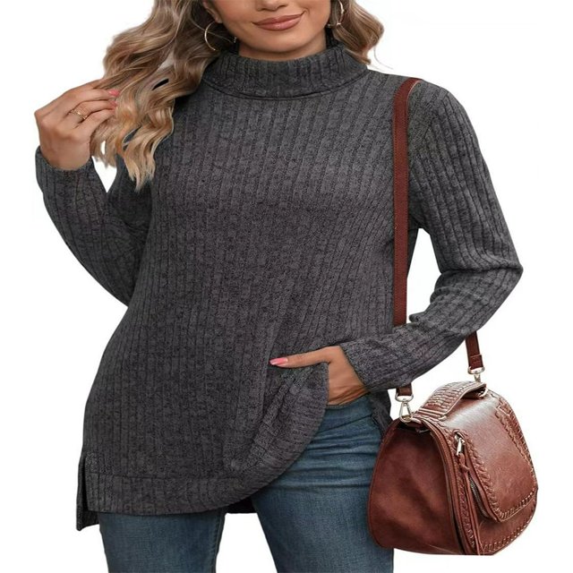 Haut à Col Roulé Côtelé pour Femmes - Chemise Basique à Manches Longues avec Fente Latérale