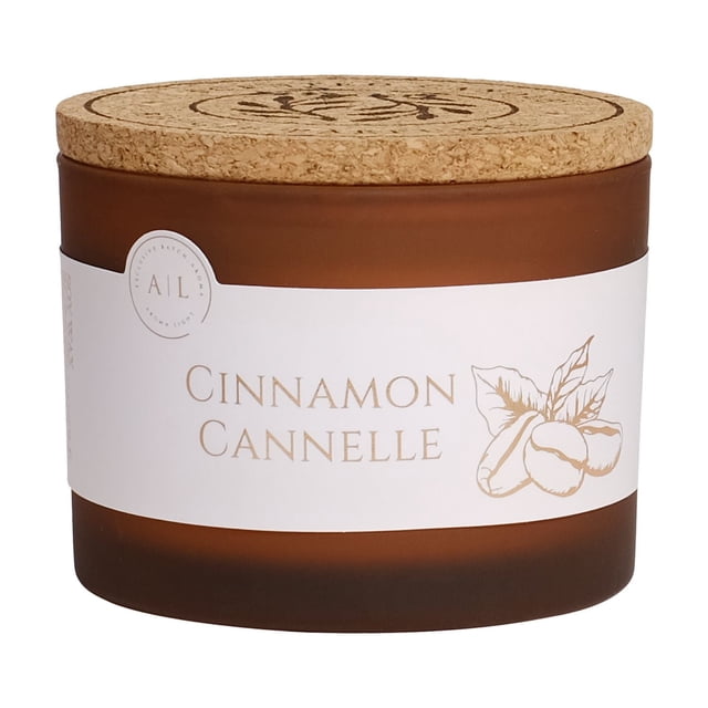 12oz Cinnamon Soy Wax Blended Scented Candle in a frosted amber glass jar with cork lid, labeled 'Cinnamon Cannelle' with cinnamon stick illustration, offering warm cinnamon and vanilla fragrance ideal for home décor and cozy atmosphere.