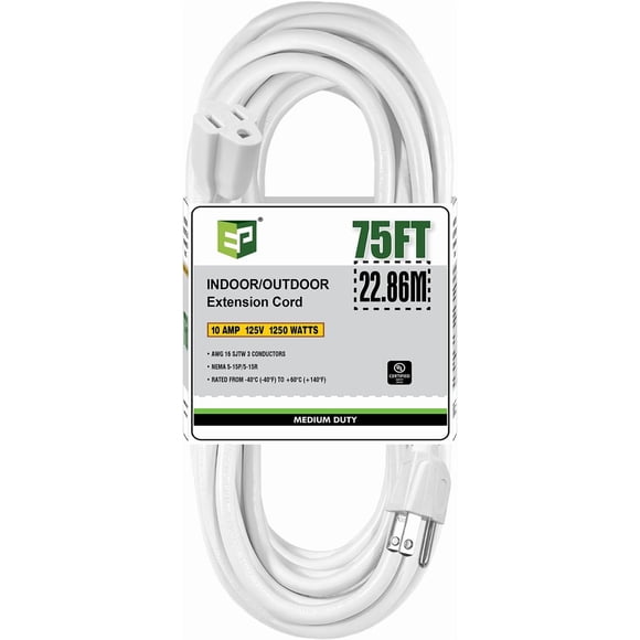 EP 75 FT Black Outdoor Extension Cord, 16/3 SJTW Heavy Duty Waterproof, 3 Prong Grounded Plug, 13A 1625W 16AWG, Cold-Resistant Flexible Power Cable for Garden, Home, Christmas Lights, UL Listed