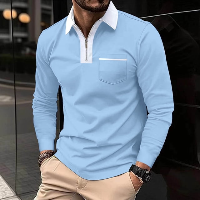 RXIRUCGD Men Solid Color Pocket Long Sleeves Flip Collar Fashion Golf Ball Shirt Tops, Light Blue, Size: XL