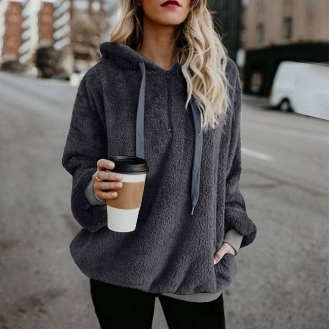 Pull à Capuche Manches Longues Hiver Femmes Pull Chaud avec 1/4 Zip