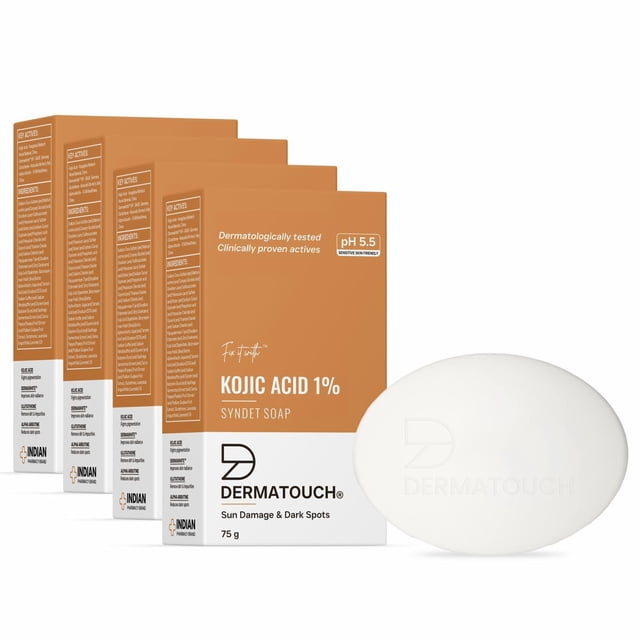 DERMATOUCH Savon à l'Acide Kojique 1 %, 75 g Chacun, Lot de 4. l'Image Montre Quatre Boîtes orange du Savon avec des Détails sur le Produit, Incluant « pH 5,5 » et « Testé Dermatologiquement », Accompagné d'Une Barre de Savon Ovale Blanche Embossée du logo DERMATOUCH. Conçu pour les Dommages Causés par le Soleil et la Réduction des Taches Brunes, Ce Savon Exfolie en Douceur, Nettoie les Impuretés et Illumine le Teint Tout en Protégeant contre les Radicaux Libres et les Dommages