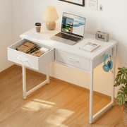Pinmoco Writing Desk with 2 Fabric Drawers& Hanging Hook, 32 Inch Computer Desk Study Table Vanity Desk for Small Spaces, Home Office, White