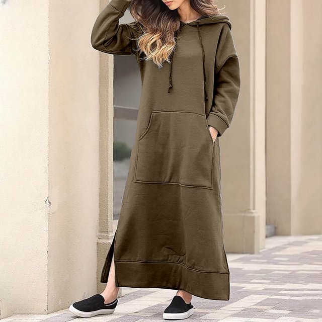 Fshaion Robe d'Été pour Femmes 2024 Grande Taille Col Rond Hiver Chaud Couleur Manches Longues avec Poches Robe Longue en Liquidation à Moins de 10!