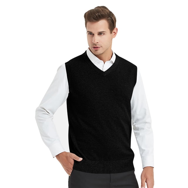 TOPTIE Chandail Sans Manches Uni pour Homme en Noir, Taille g, Fait de Coton Peigné 100 %. Ce Chandail Sans Manches à Col en V Présente un Ourlet Côtelé et une Coupe Ajustée, Idéal pour les Contextes Décontractés Ou d'Affaires. le Modèle l'Agence avec une Chemise Blanche à Boutons et un Pantalon Noir, Mettant en Valeur Sa Polyvalence pour Superposer sous des Vestons Ou des Vestes de sport. Convient aux Saisons de Printemps, d'Automne et d'Hiver.