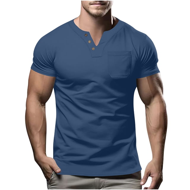 Birdeem Shirts for Men Mens Fashion Casual Solid Color Button Short Sleeve V-Neck Blouses Shirts