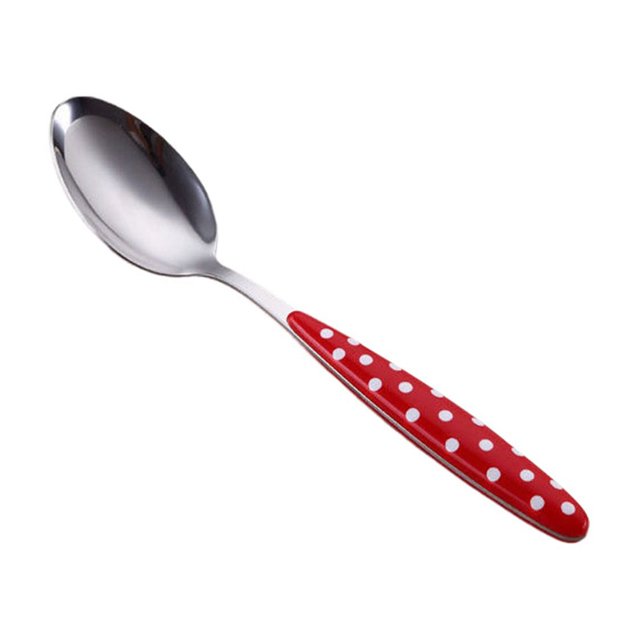 Clearance Sale! Giyblacko 8 Cutlery Set, a stainless steel tableware set for 4, featuring forks and spoons with high-grade polishing. The image highlights a spoon with a polished silver finish and a red handle with white polka dots, showcasing its stylish design. Dishwasher safe and perfect for home, hotel, or kitchen use.