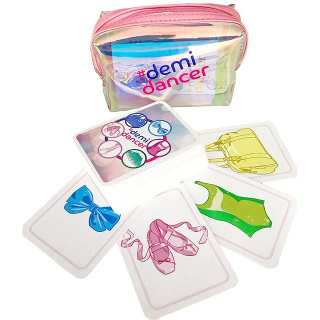 #demidancer Jeu de Cartes pour Enfants Comprenant une Pile de Cartes avec des illustrations Colorées d'Équipement de Danse comme des Chaussures de ballet Roses, un Nœud Bleu, un Justaucorps Vert et un Sac de Danse Jaune, Accompagné d'Une Pochette Rose Translucide à Fermeture Éclair, Idéal pour les Jeux en Famille.