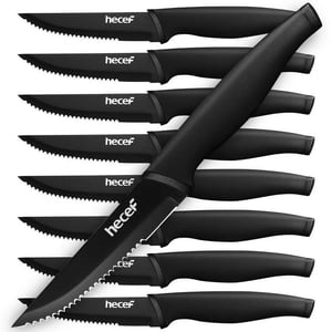 Hecef Couteau à oxyde noir Steak Ensemble de 8, Couteaux à haute teneur en carbone, en acier inoxydable PP Poignée