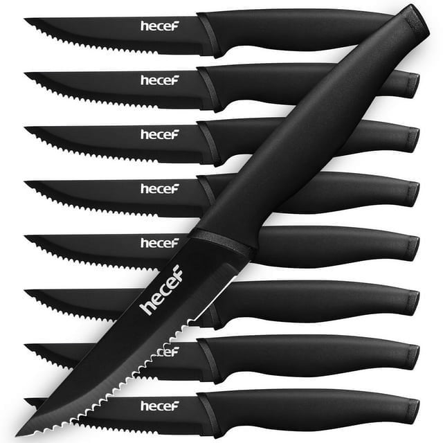 Hecef Couteau à oxyde noir Steak Ensemble de 8, Couteaux à haute teneur en carbone, en acier inoxydable PP Poignée