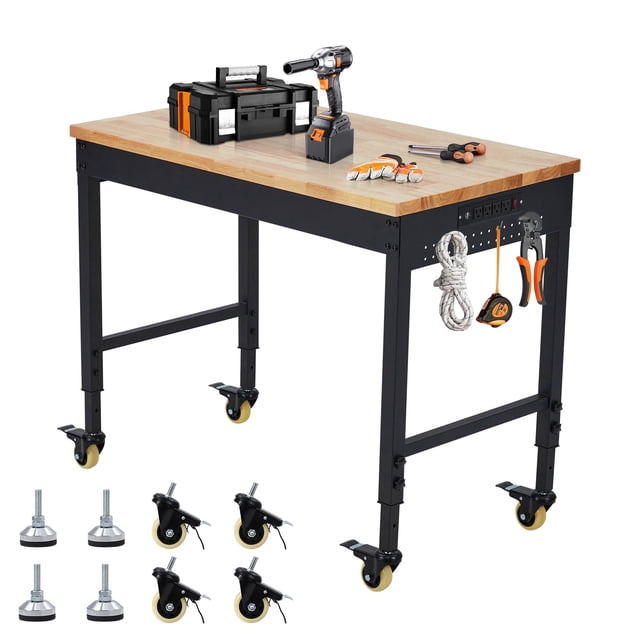 Établi Ajustable 2025 pour Garage, Établi 48 Pouces x 24 Pouces, Capacité de 2000 Lb, Poste de Travail en Bois de Caoutchouc avec 4 Roulettes, Table de Travail Robuste avec 2 Ports USB et 4 Prises CA
