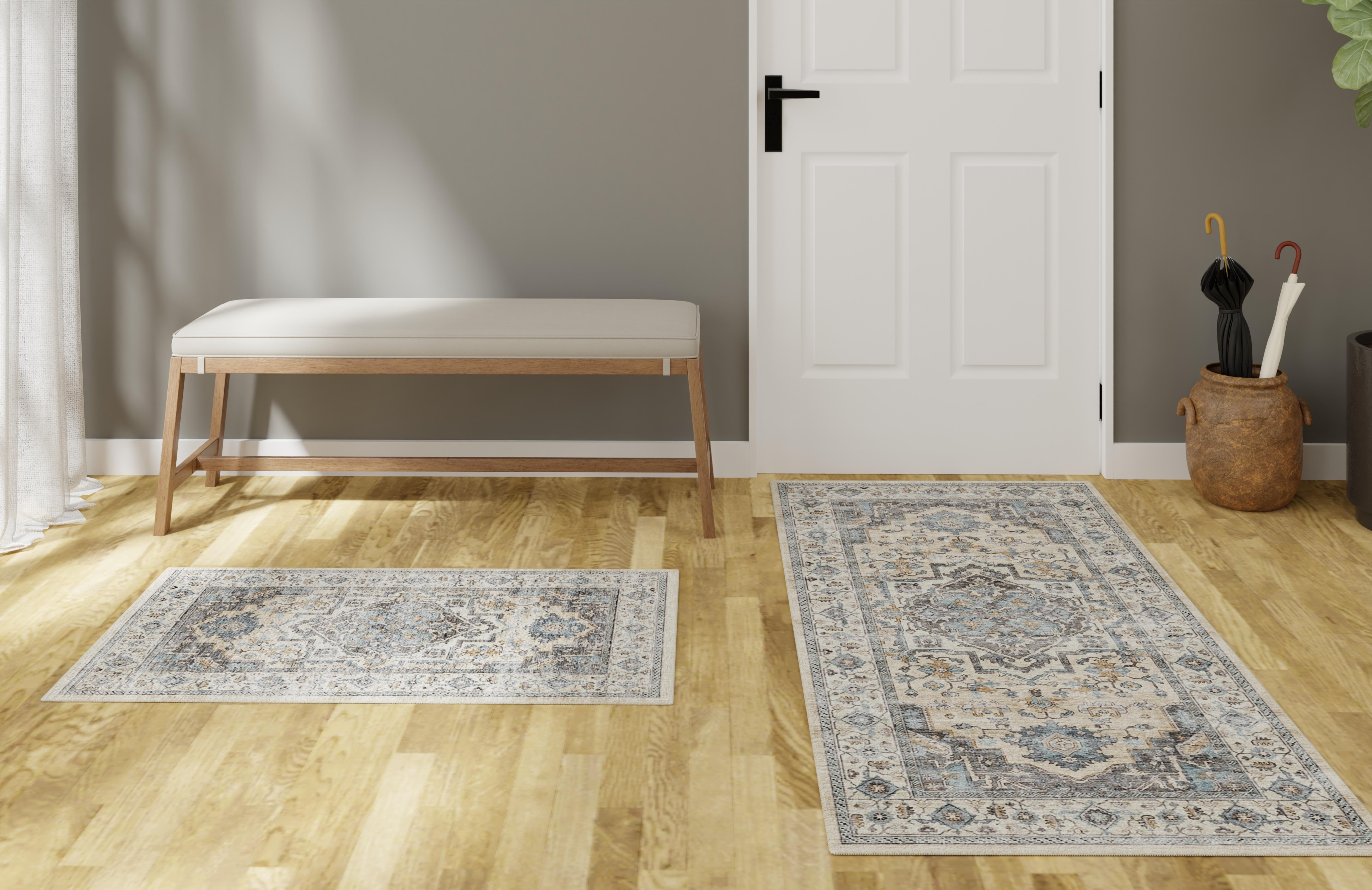 Mainstays Ensemble de Tapis d’appoint lavables de style persan, bleu, Tapis pour Entrée et Cuisine, paquet de 2, 18 x 30 et 24 x 48