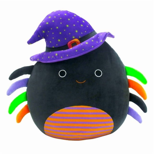 Squishmallow Halloween Gildie the Spider 16-inch plush toy featuring a black spider design with a vibrant purple witch hat adorned with yellow stars and a red buckle. The spider has rainbow gradient legs and an orange-striped belly, making it a festive addition to Halloween celebrations. This ultra-soft plush is suitable for kids and collectors, perfect for snuggles, imaginative play, or as a decorative piece for crafting or themed displays.
