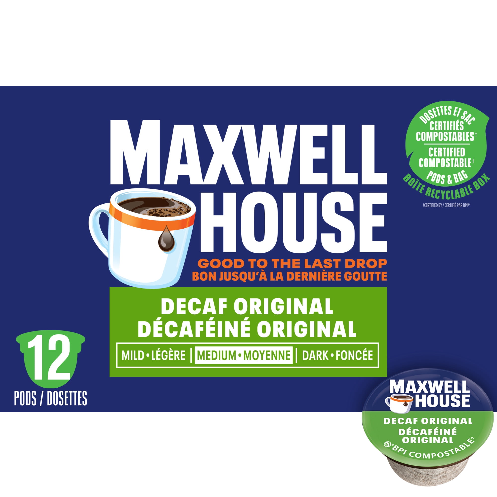 Maxwell House, Decaf Coffee 100% Compostable Pods, 12 Pods, Medium