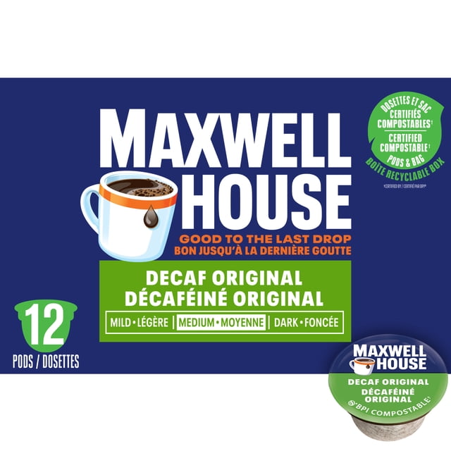 Maxwell House Decaf Coffee 100% Compostable Pods 12 count box with medium roast decaf original coffee pods, bilingual English and French text on blue and green recyclable packaging, certified compostable pods and bag for single-serve brewing.