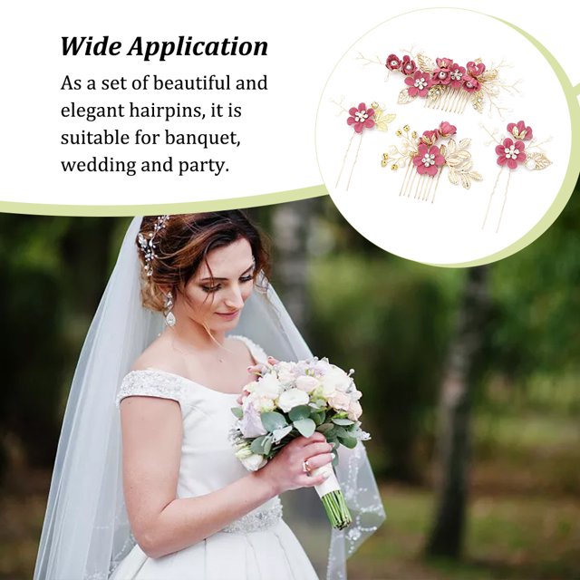 Ensemble de 4 Pcs de Décorations de Cheveux de Fleurs de Mariage pour Filles Coiffe de Mariée Habillage Accessoire de Mode Rose Rouge