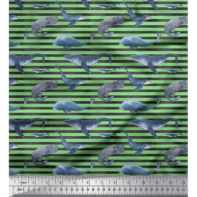 Soimoi Velvet Fabric Stripes & Whale Fish Ocean Fabric Prints by Yard 58 Inch Wide