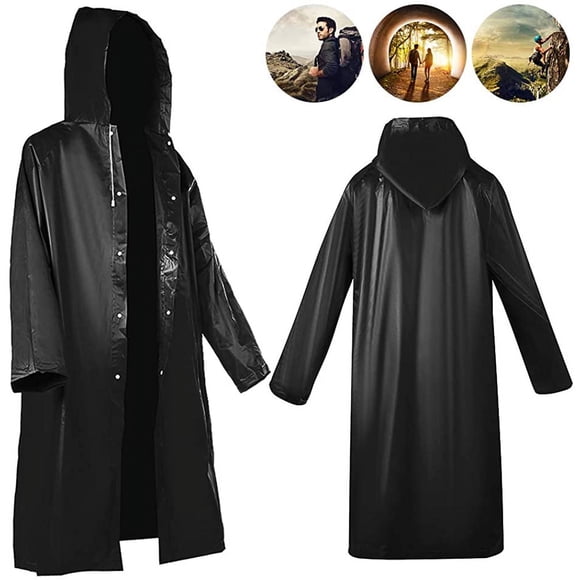 2 Pack Black Raincoat Portable Ponchos, Roctee Waterproof EVA Reusable Rain Jacket for Men and Women, Durable Rain Coats Long Sleeve Rain Poncho for Outdoor Activities, Large