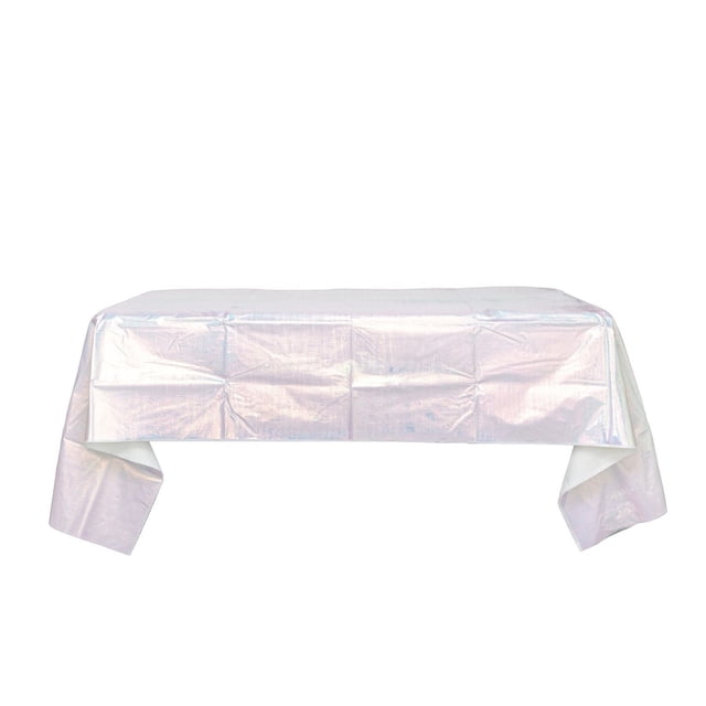 2 ply iridescent table cover measuring 96 by 52 inches draped over a rectangular table, featuring a reflective surface that displays subtle rainbow hues, designed as a disposable party tablecloth to enhance dining and entertaining settings with easy cleanup.