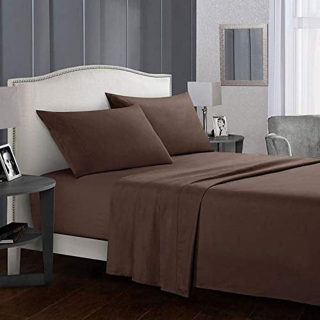 Sheet Set Chocolate Solid 100 Percent Pure Cotton Super Soft 4-Piece Sheet Set with 10" Inch Pocket Sheet Set 450TC (King, Chocolate)