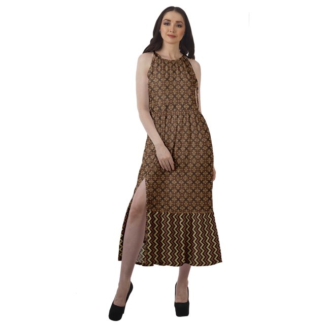 Moomaya Robe Longue Maxi de Fête pour Femmes en Rayonne Imprimée à Encolure Licou avec Fente avant