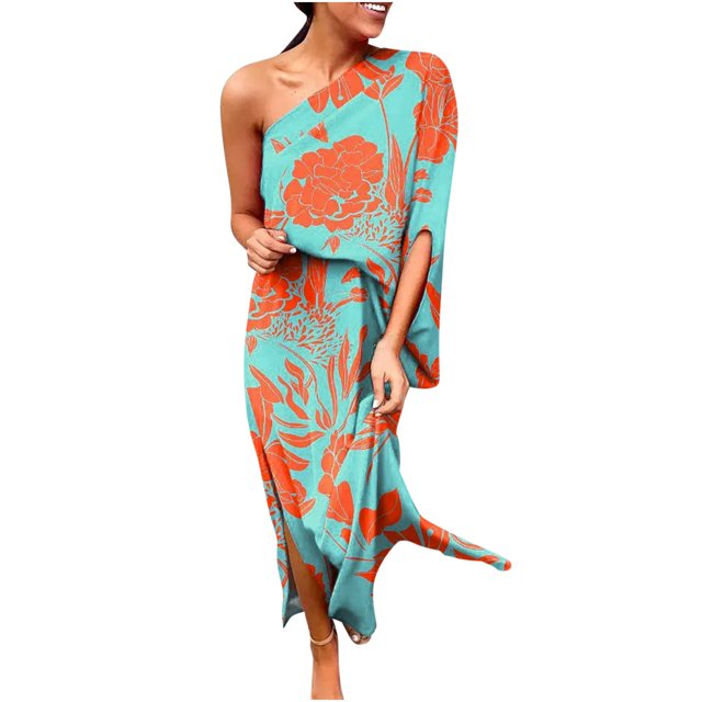 Robe à une Épaule pour Femmes Tunique Évasée à Manches Courtes Robe Maxi à Fleurs Décontractée Ourlet Fendu sur le Côté Boho Robe d'Été de Vacances