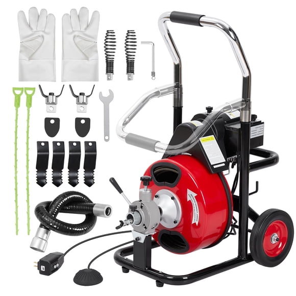 Machine Électrique de Nettoyage de Drain, Câble d'Alimentation Automatique 75 Pieds x 1/2 Pouces, Moteur 370W, 8 Lames de Coupe, Interrupteur au Pied Activé par Air, Gants, Robuste pour Tuyaux de 2-4 Pouces – K-300ZF, Rangement 1/2 Pouces, 75 Pieds