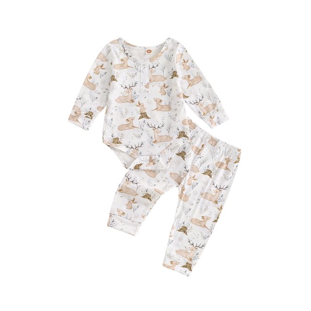 Gupgi Baby Reindeer Outfit Fall Rainbow Print Long Sleeve Romper Long Pants 2 Pcs Set