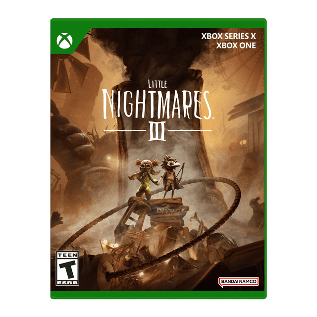 Little Nightmares III Xbox Series X game cover showing characters Low and Alone standing on a pile of debris surrounded by fog and twisted ropes in a dark, eerie world with giant hands and carnival structures in the background, ideal for players seeking atmospheric puzzle adventure games.